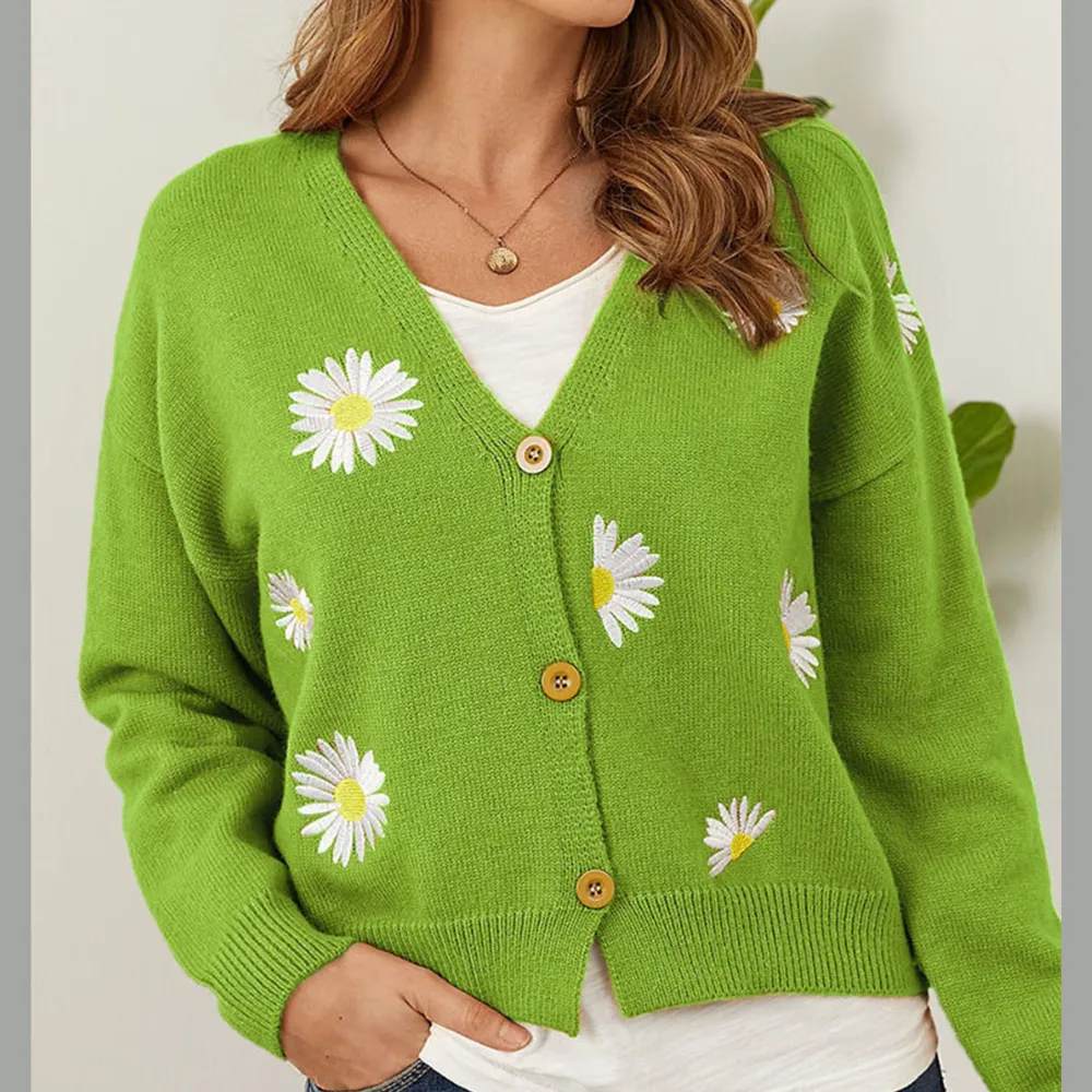 Flower Button Front Dropped Shoulder Cardigan