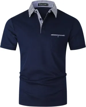 GHYUGR Men's Polo Shirts Short Sleeve Slim Fit Polo Casual Plaid Splice T-Shirts