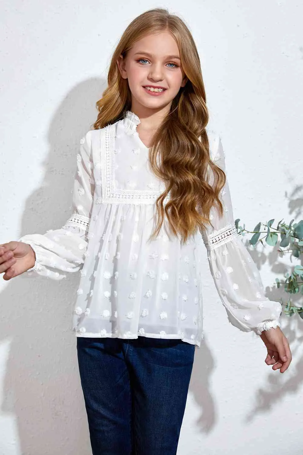Girls Swiss Dot Spliced Lace Blouse