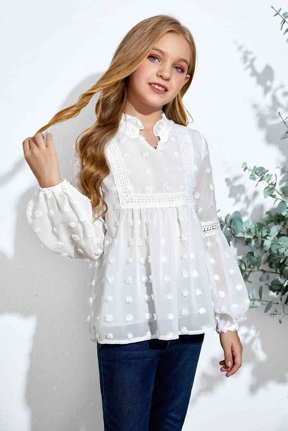 Girls Swiss Dot Spliced Lace Blouse