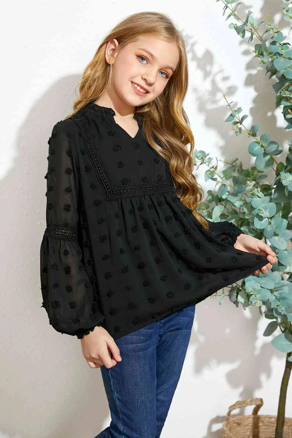 Girls Swiss Dot Spliced Lace Blouse