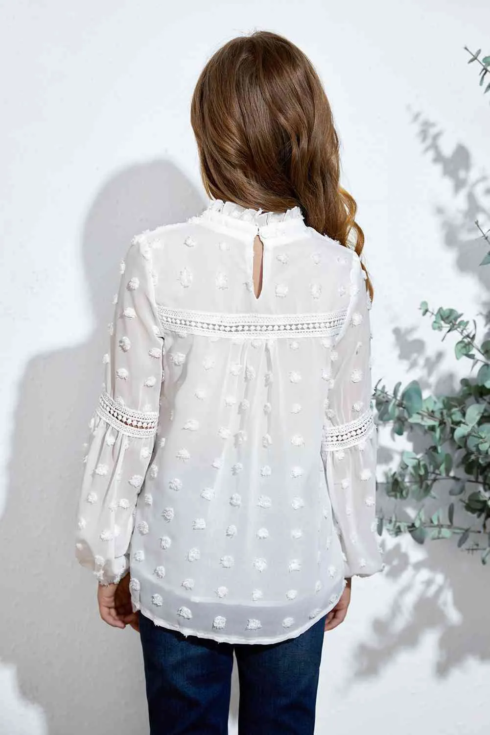 Girls Swiss Dot Spliced Lace Blouse