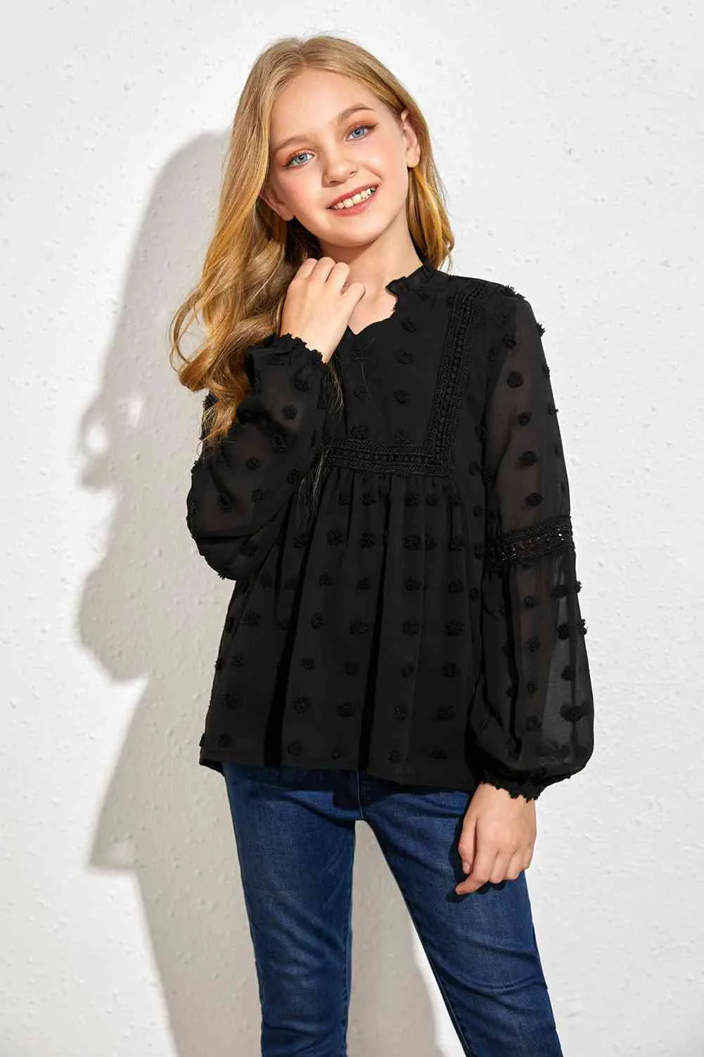 Girls Swiss Dot Spliced Lace Blouse