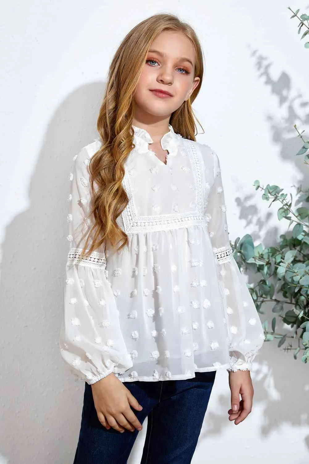 Girls Swiss Dot Spliced Lace Blouse