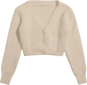 GORGLITTER Women's Open Front Cardigan Fuzzy Pearl Button Up Long Sleeve Crop Sweater Jackets Chunky Knit Cardigan