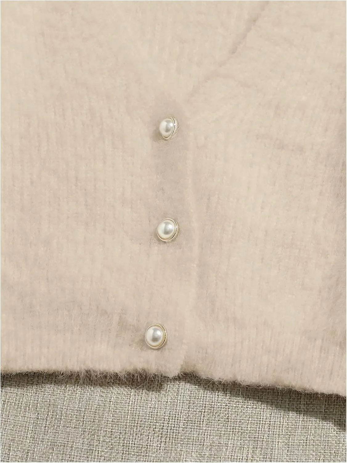 GORGLITTER Women's Open Front Cardigan Fuzzy Pearl Button Up Long Sleeve Crop Sweater Jackets Chunky Knit Cardigan