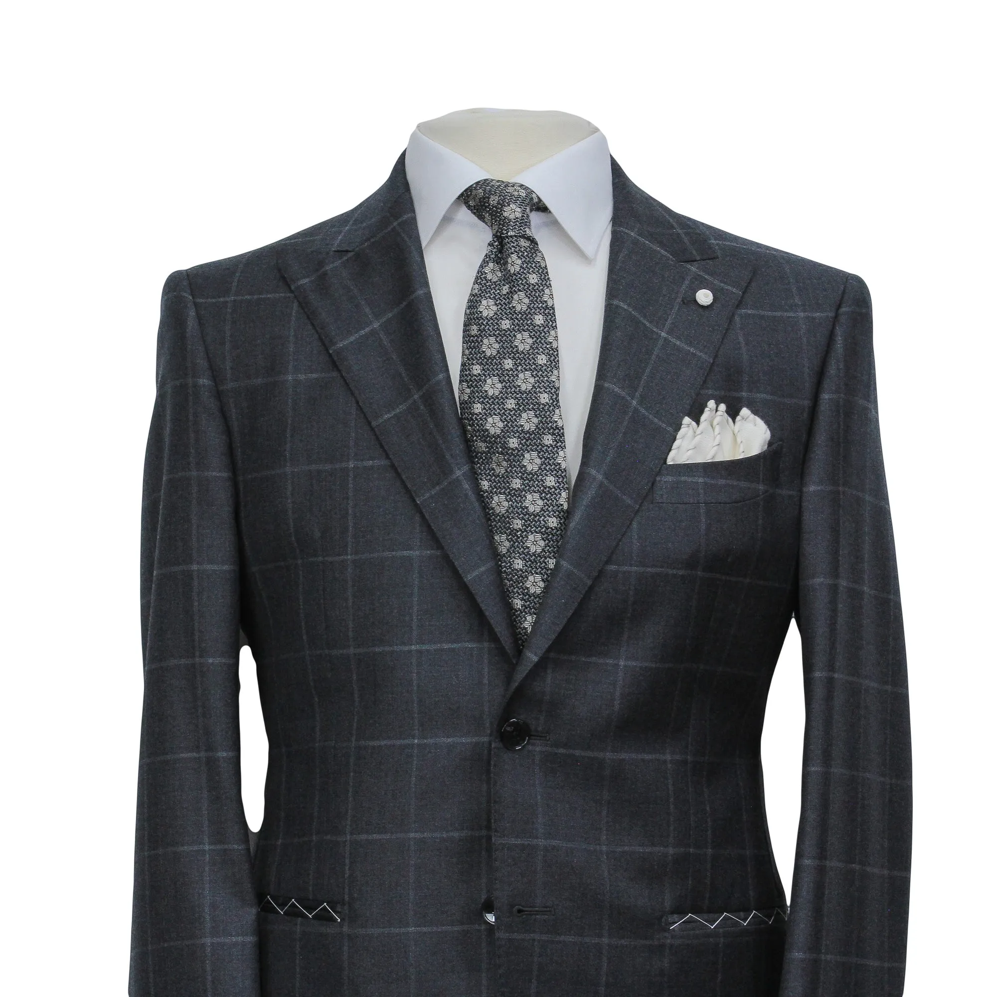 Gray Windowpane Wool Mantua Slim Fit Suit Peak Lapel - Luigi Bianchi