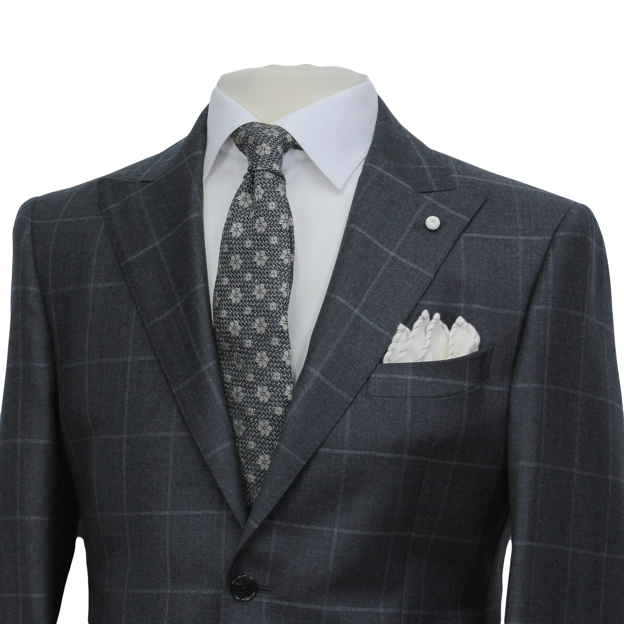 Gray Windowpane Wool Mantua Slim Fit Suit Peak Lapel - Luigi Bianchi