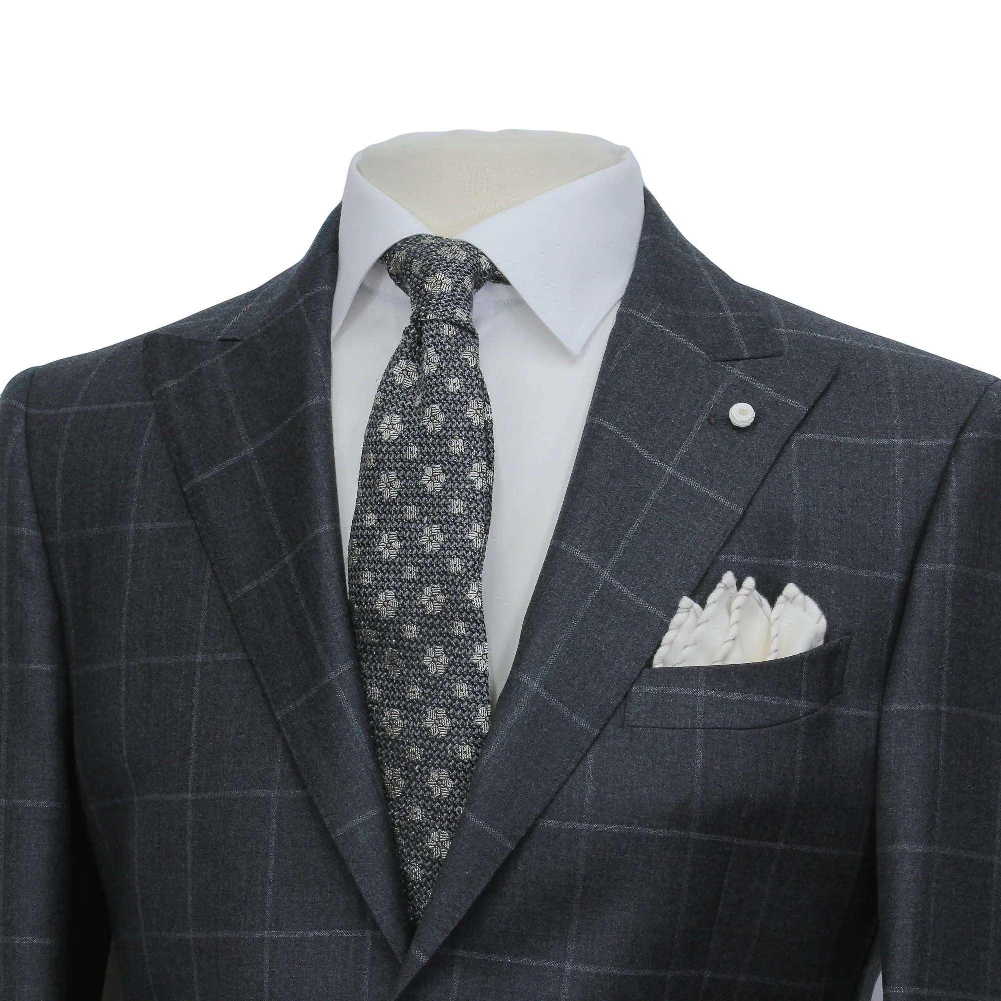 Gray Windowpane Wool Mantua Slim Fit Suit Peak Lapel - Luigi Bianchi