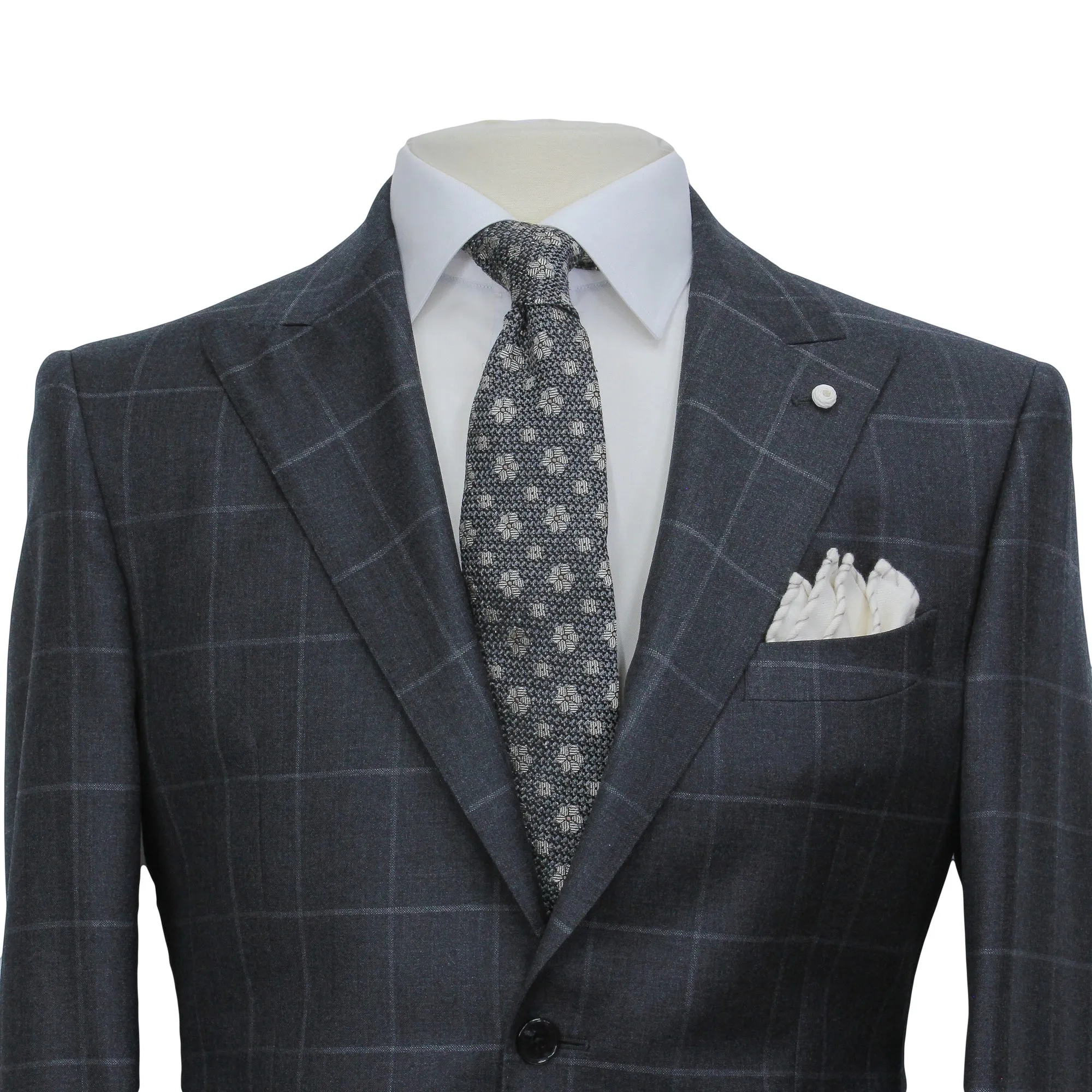 Gray Windowpane Wool Mantua Slim Fit Suit Peak Lapel - Luigi Bianchi