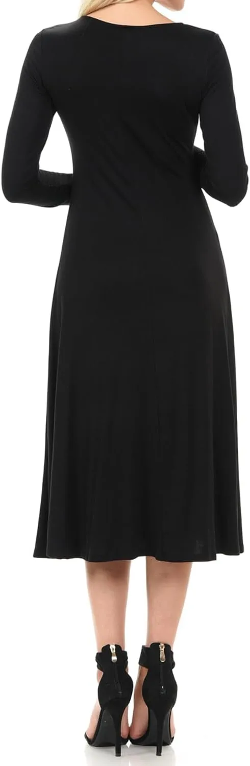 iconic luxe Women's Long Sleeve A-Line Fit and Flare Midi Dress Formal Casual