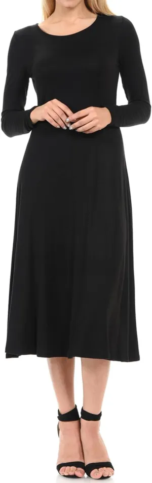 iconic luxe Women's Long Sleeve A-Line Fit and Flare Midi Dress Formal Casual