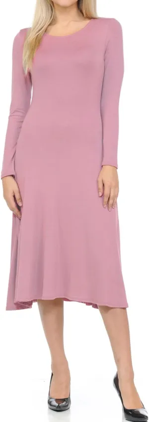 iconic luxe Women's Long Sleeve A-Line Fit and Flare Midi Dress Formal Casual