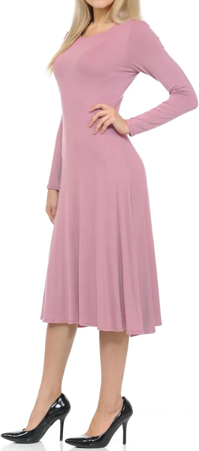 iconic luxe Women's Long Sleeve A-Line Fit and Flare Midi Dress Formal Casual