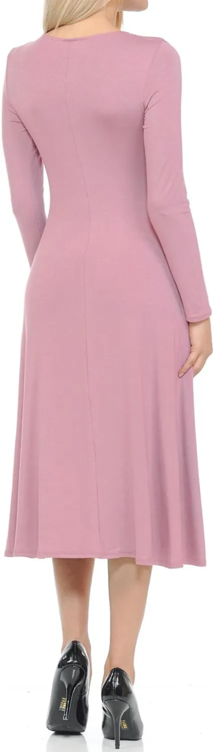 iconic luxe Women's Long Sleeve A-Line Fit and Flare Midi Dress Formal Casual