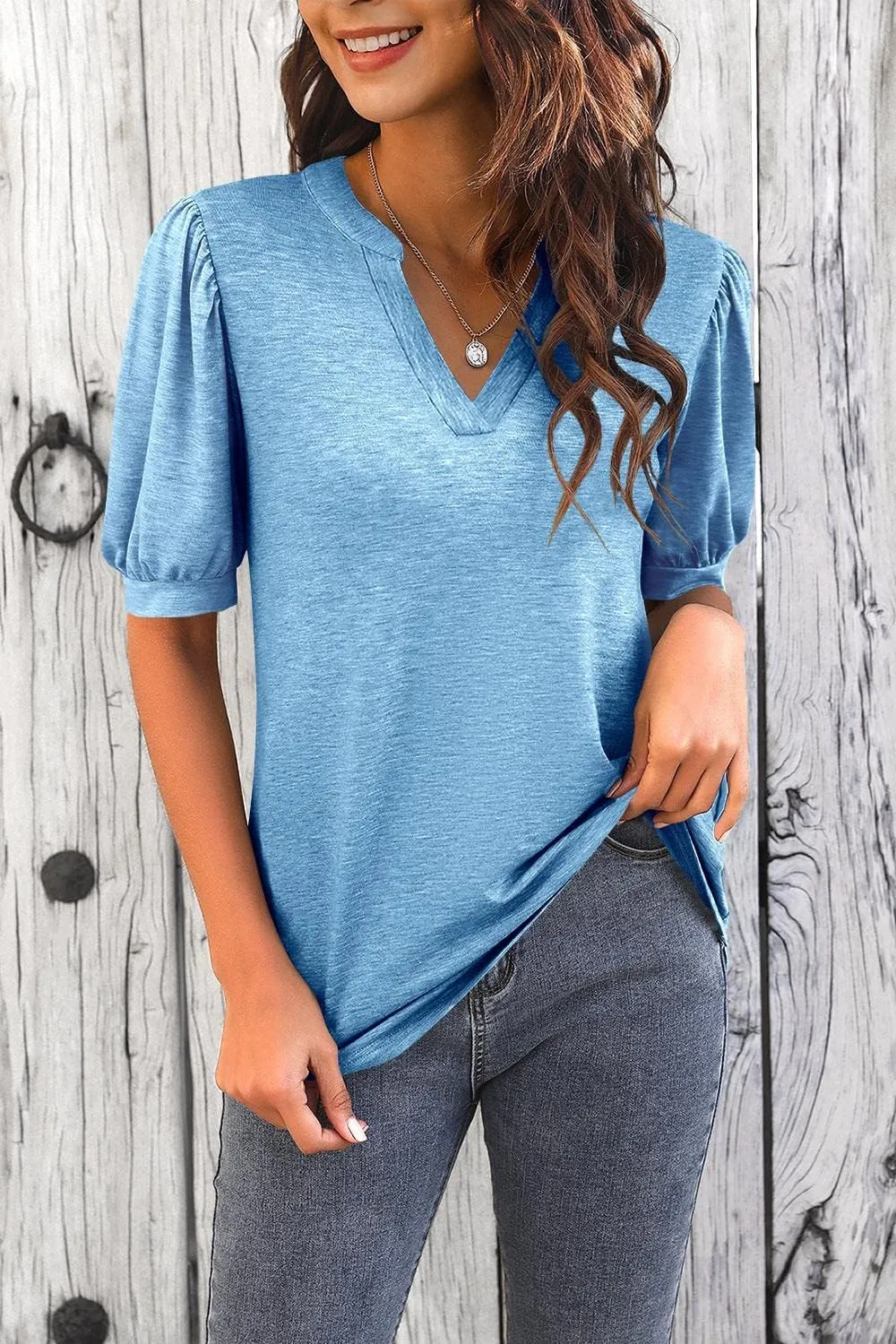 Imily Bela Womens V Neck T Shirts Casual Puff Sleeve Loose Dressy Blouses Summer Tops