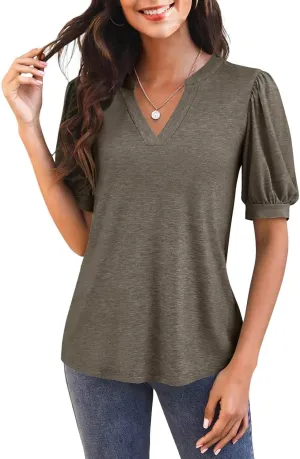 Imily Bela Womens V Neck T Shirts Casual Puff Sleeve Loose Dressy Blouses Summer Tops