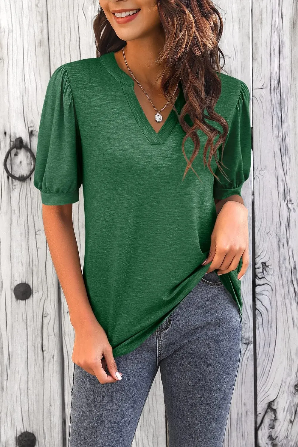 Imily Bela Womens V Neck T Shirts Casual Puff Sleeve Loose Dressy Blouses Summer Tops