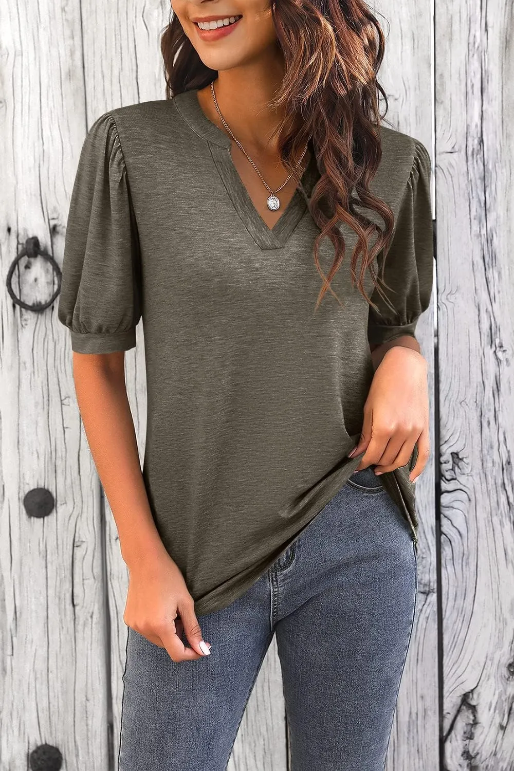 Imily Bela Womens V Neck T Shirts Casual Puff Sleeve Loose Dressy Blouses Summer Tops