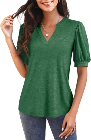Imily Bela Womens V Neck T Shirts Casual Puff Sleeve Loose Dressy Blouses Summer Tops
