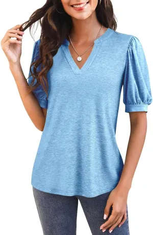 Imily Bela Womens V Neck T Shirts Casual Puff Sleeve Loose Dressy Blouses Summer Tops