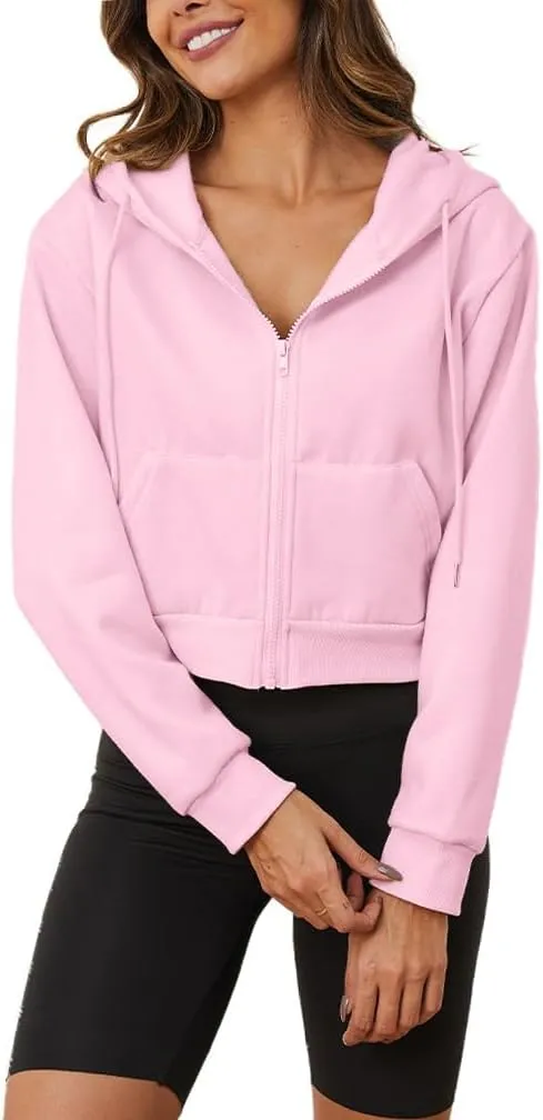 LOFAAC Women Fleece Full Zip Up Cropped Hoodie Sweatshirt 90s Long Sleeve Drawstring Hooded Crop Jacket Top with Pockets