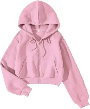 LOFAAC Women Fleece Full Zip Up Cropped Hoodie Sweatshirt 90s Long Sleeve Drawstring Hooded Crop Jacket Top with Pockets