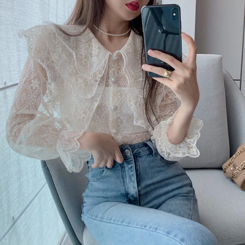 Long Sleeve Peter Pan Collar Lace Blouse Shirts