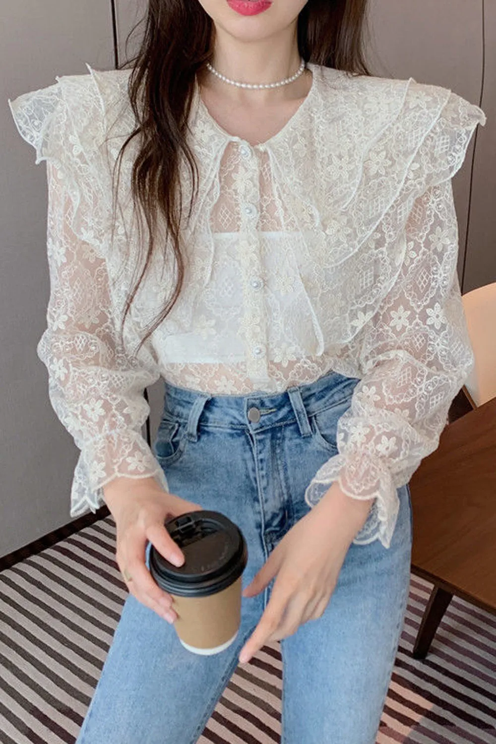 Long Sleeve Peter Pan Collar Lace Blouse Shirts