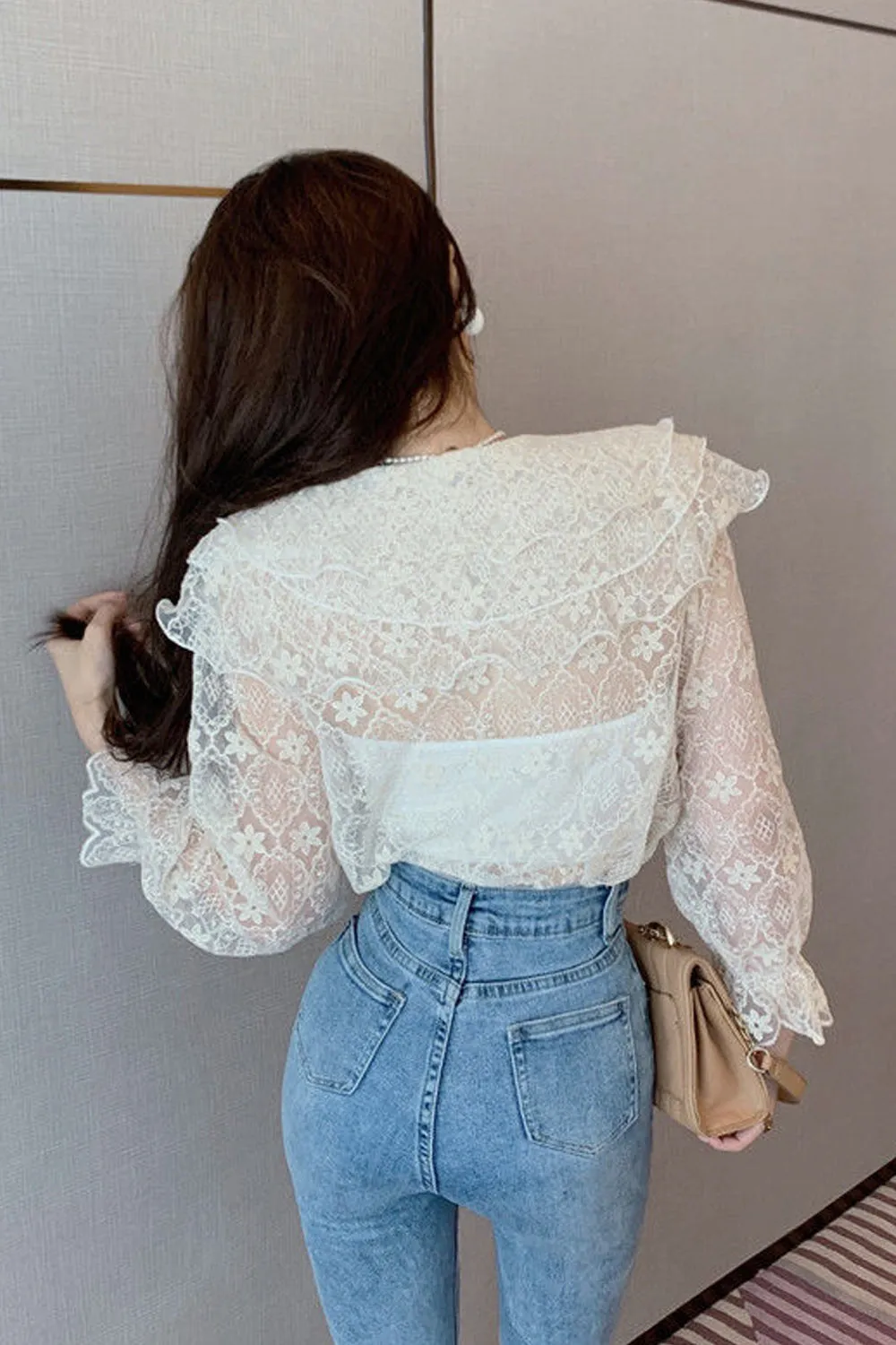 Long Sleeve Peter Pan Collar Lace Blouse Shirts