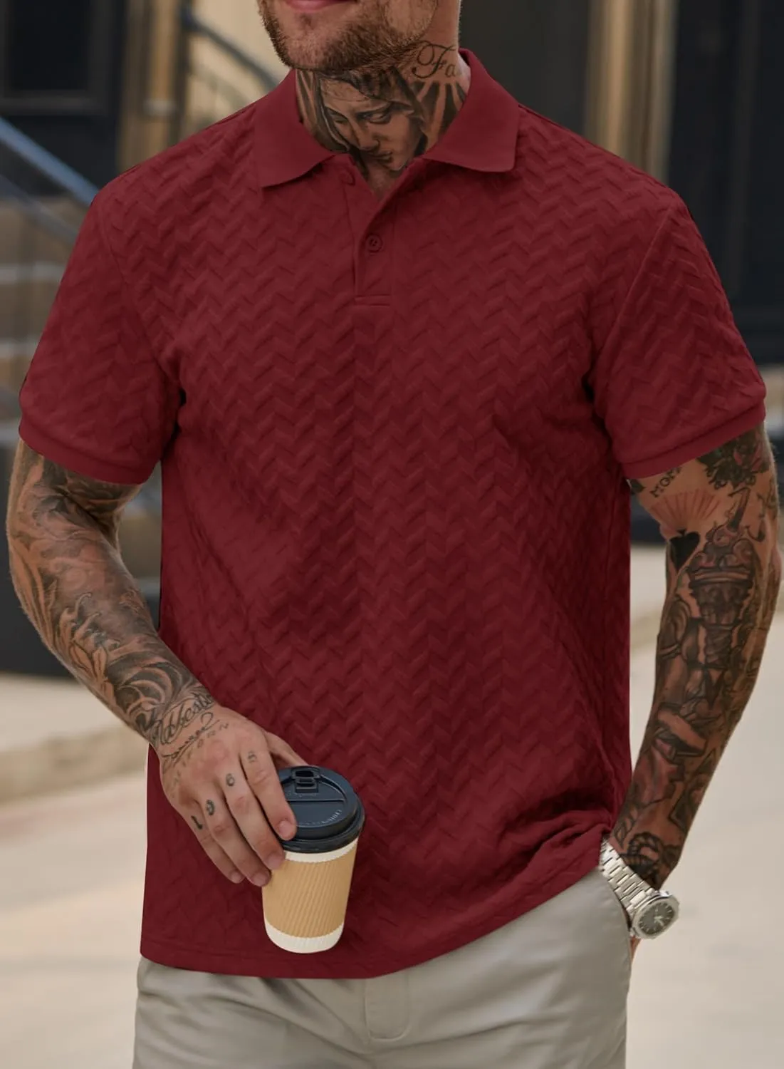 Men Textured Polo Shirts Casual Summer Short Sleeve Poloshirt (S-XXL)