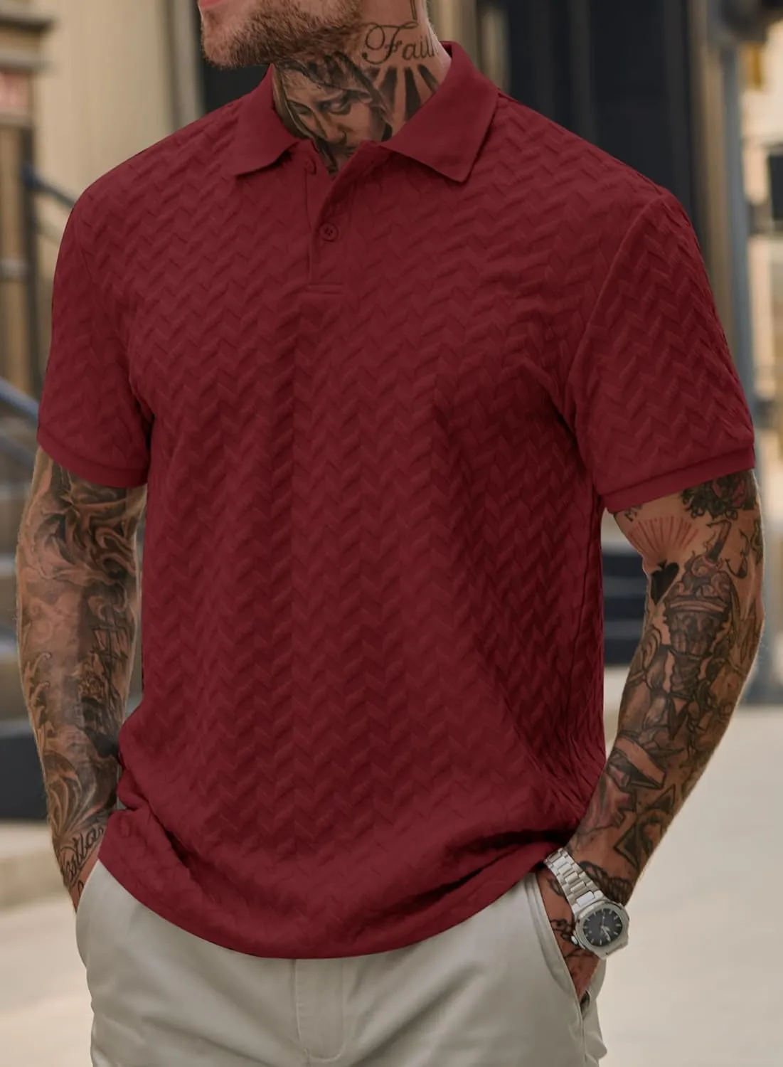 Men Textured Polo Shirts Casual Summer Short Sleeve Poloshirt (S-XXL)