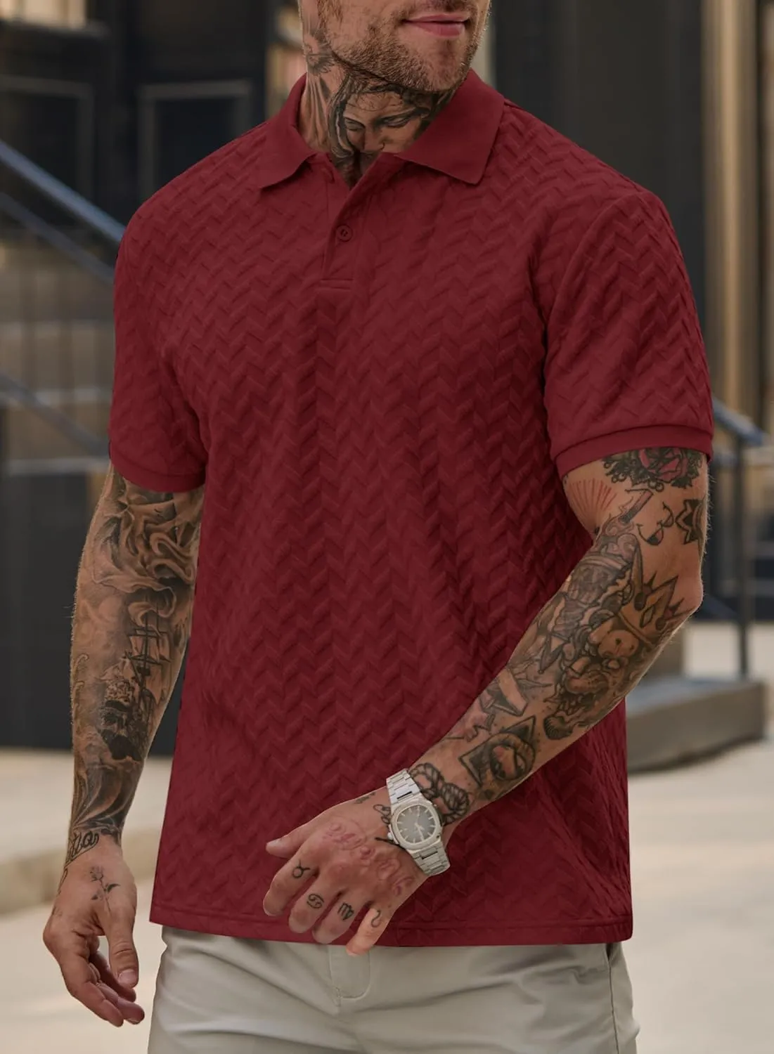 Men Textured Polo Shirts Casual Summer Short Sleeve Poloshirt (S-XXL)