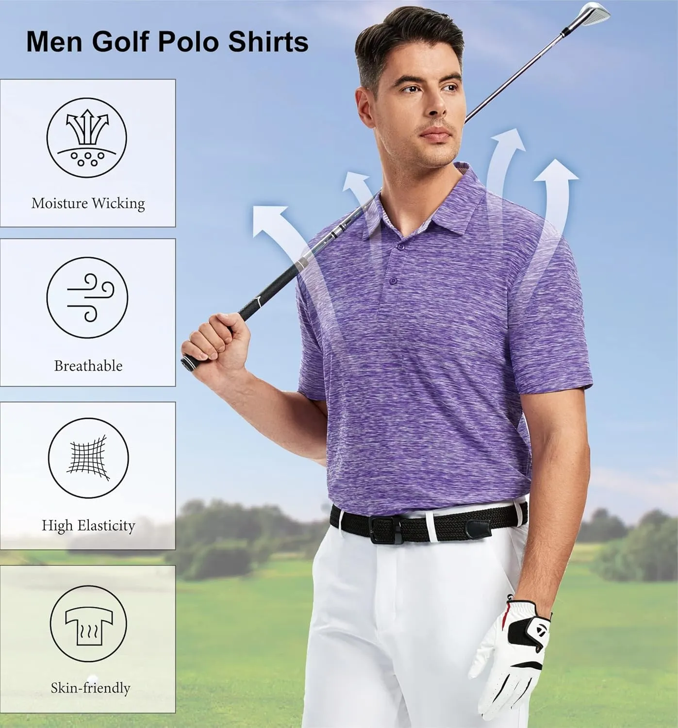 Mens Golf Polo Shirt Moisture Wicking Dry Fit Performance Athletic Short Sleeve Striped Golf Shirts for Men