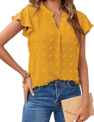 MEROKEETY Women 2025 Summer V Neck Ruffle Short Sleeve Blouse Swiss Dot Flowy Shirt Tunic Top