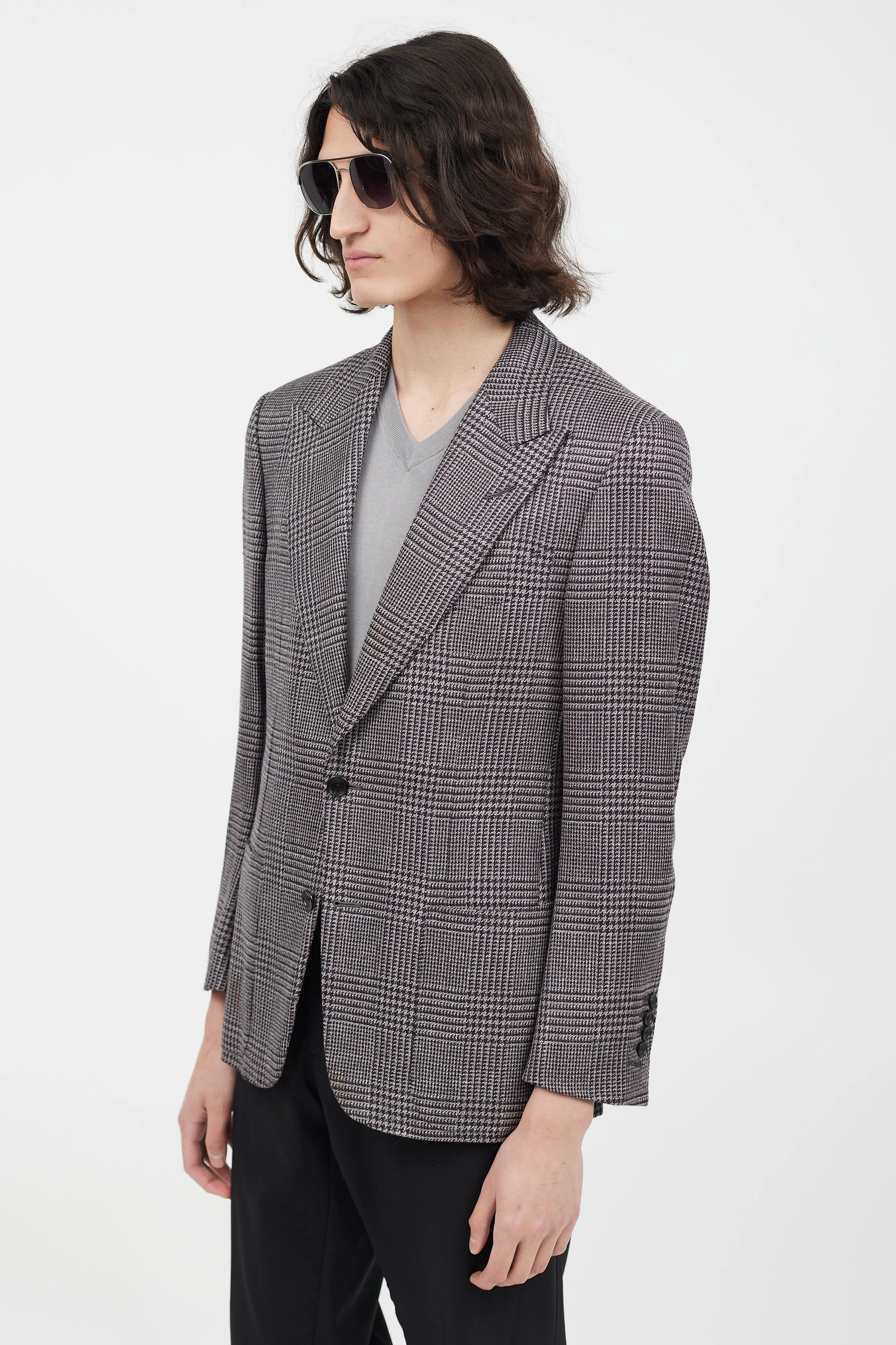 Navy & Pink Wool Houndstooth Blazer