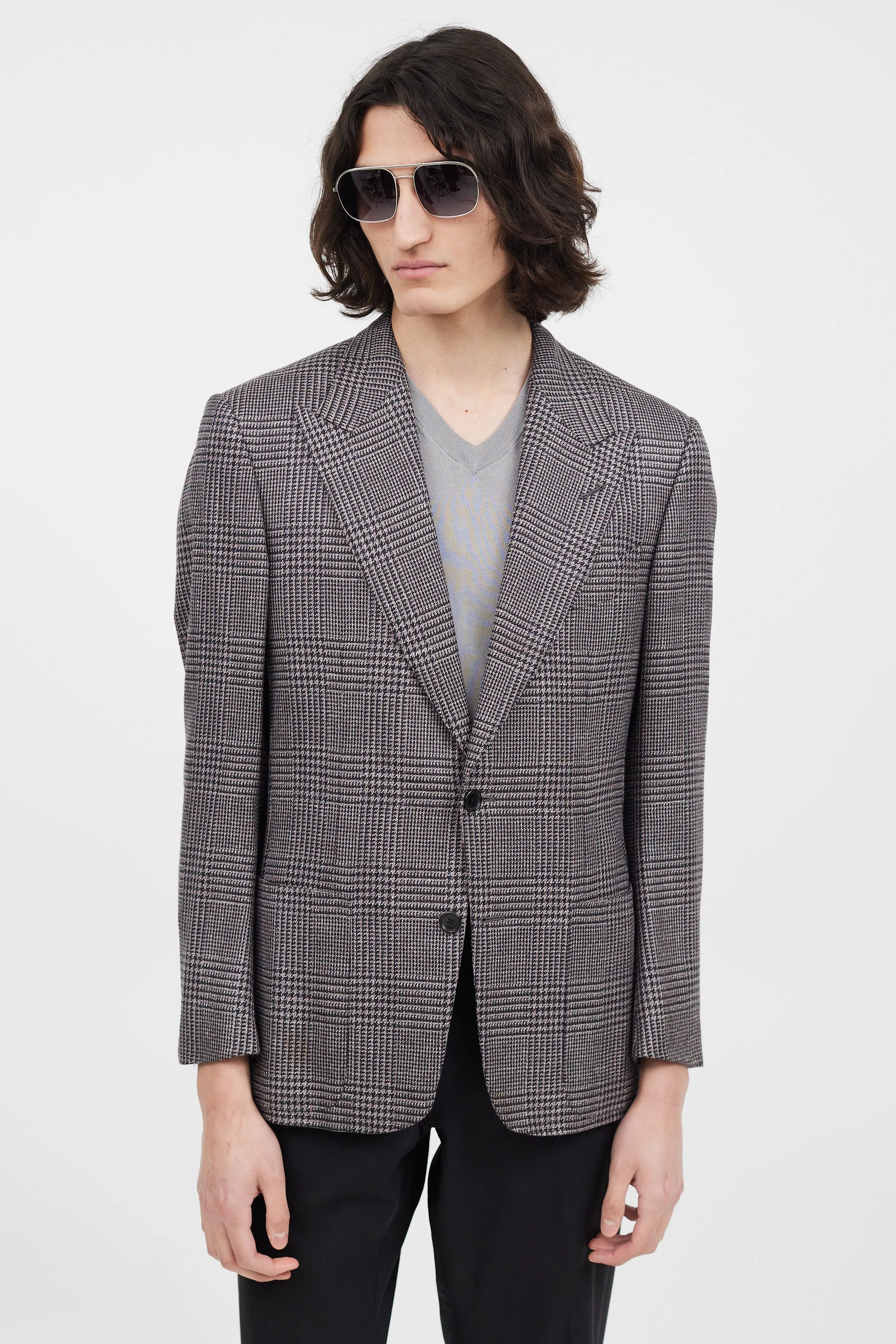 Navy & Pink Wool Houndstooth Blazer