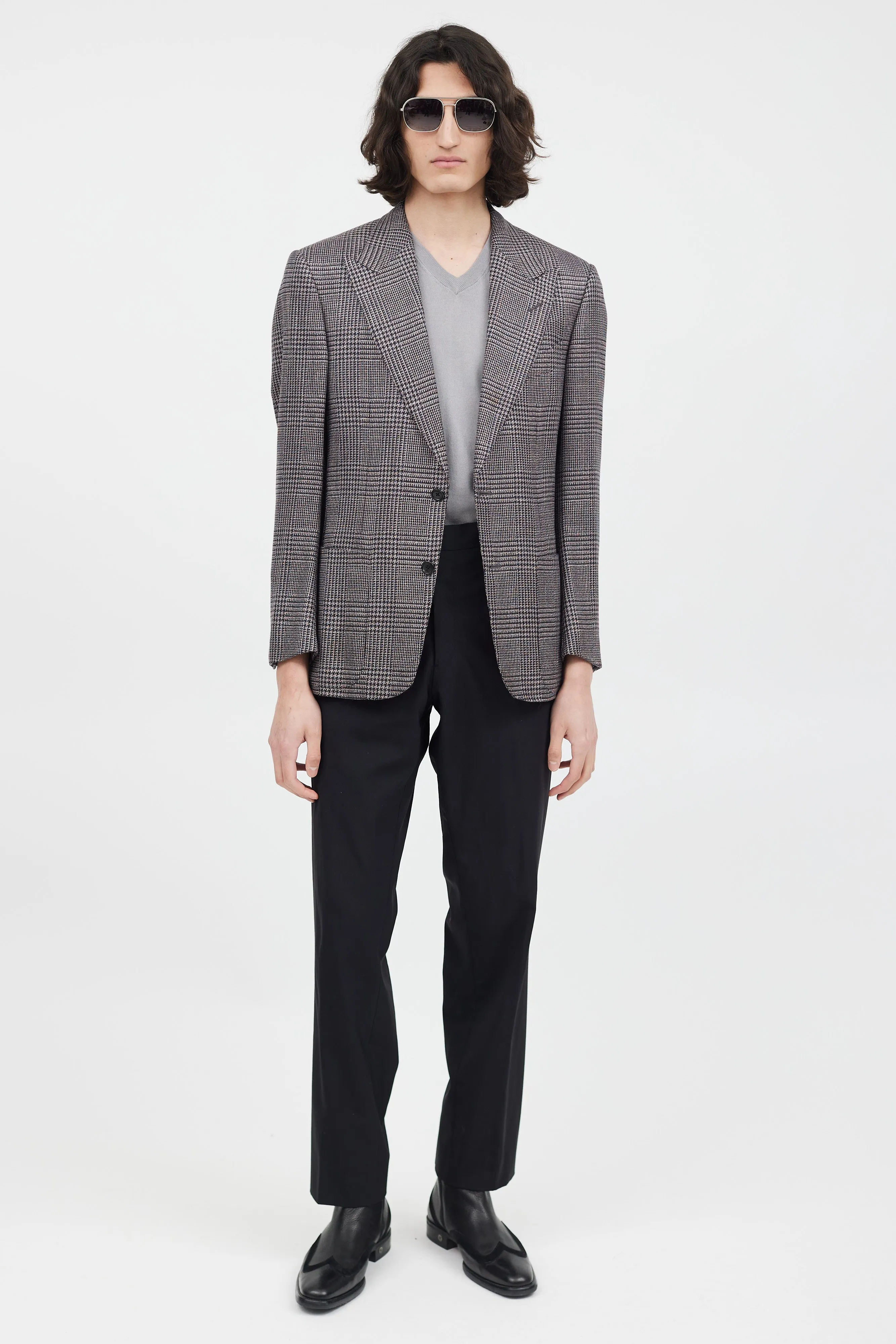 Navy & Pink Wool Houndstooth Blazer