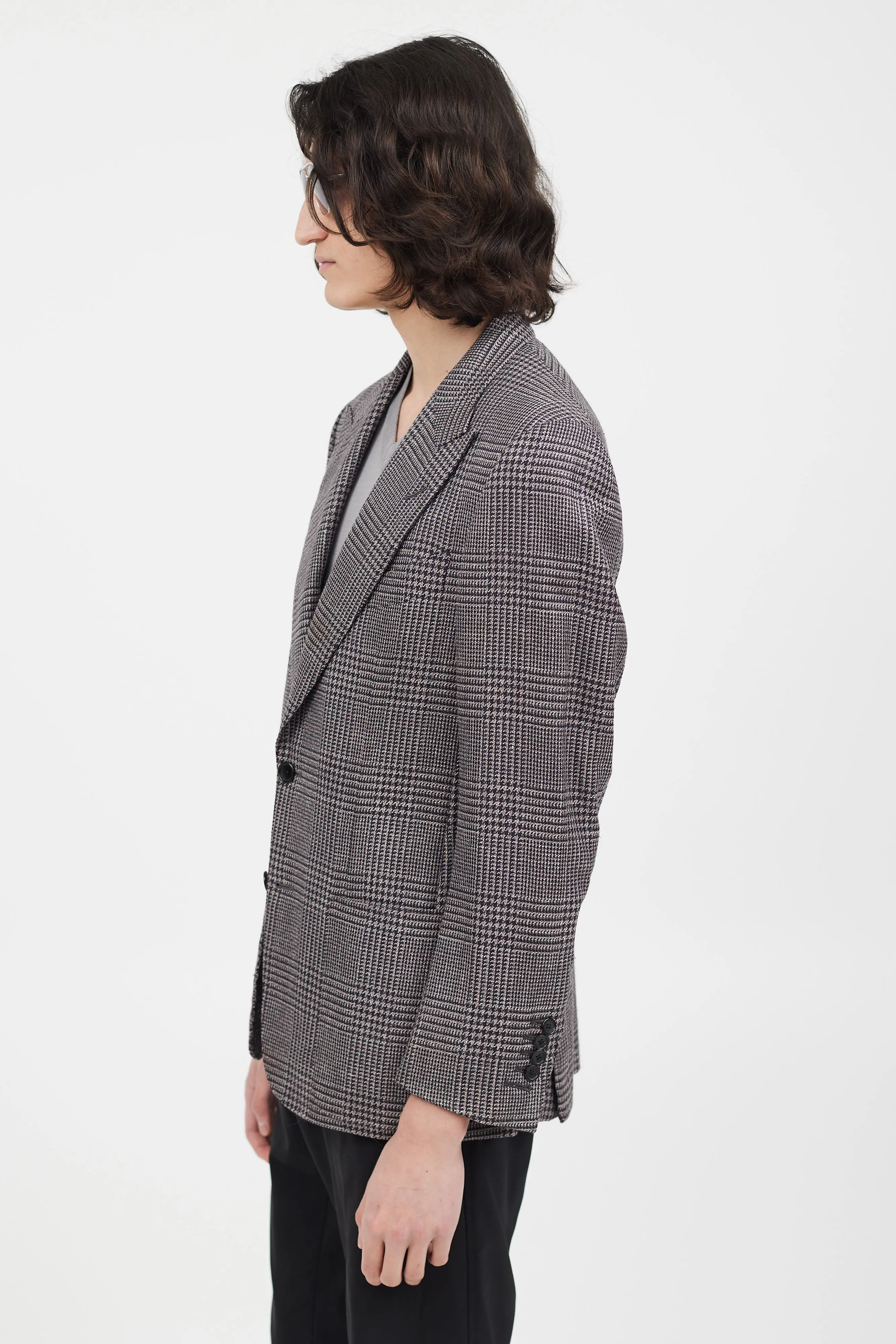Navy & Pink Wool Houndstooth Blazer