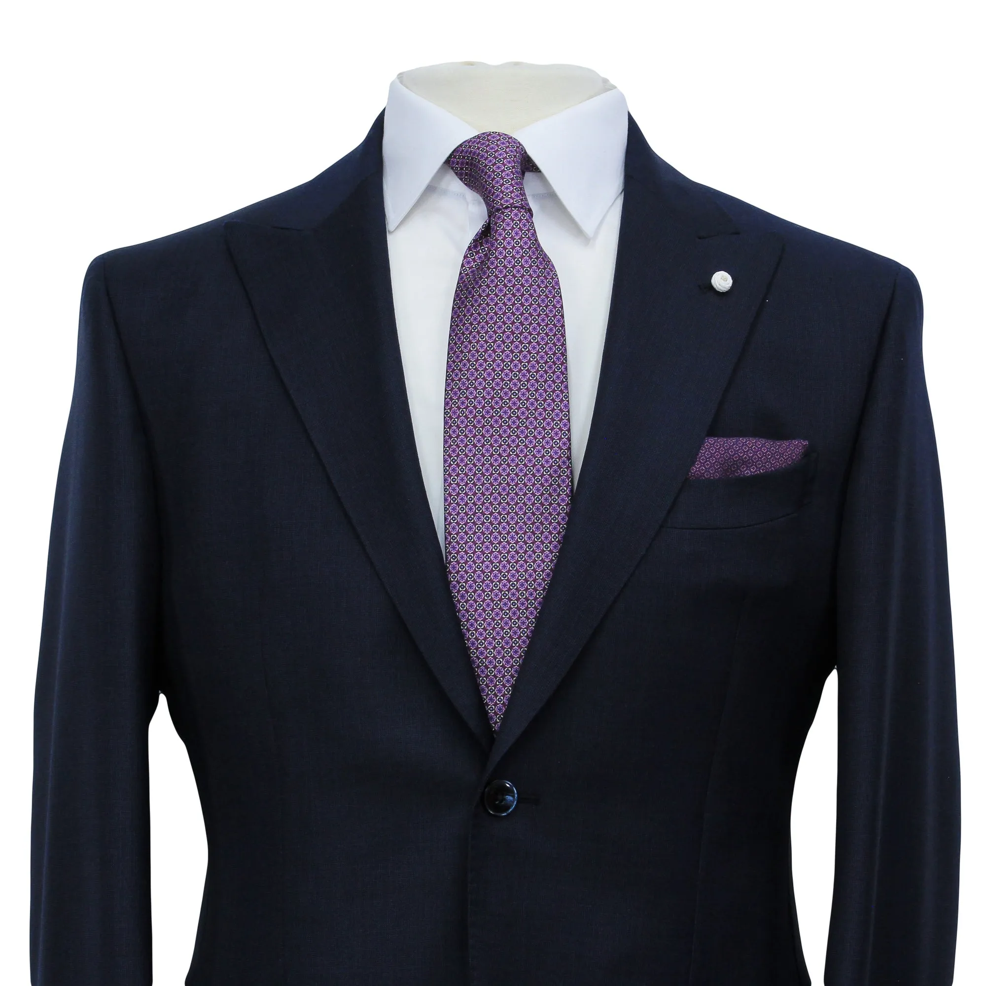 Navy Blue Nailhead Wool Mantua Slim Fit Suit Peak Lapel - Luigi Bianchi