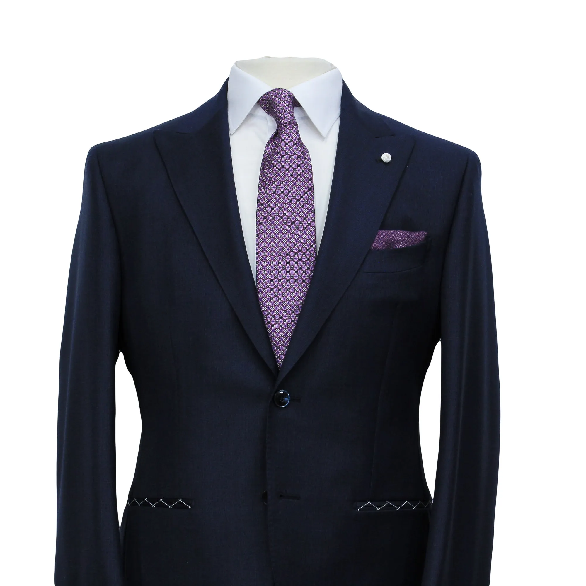 Navy Blue Nailhead Wool Mantua Slim Fit Suit Peak Lapel - Luigi Bianchi