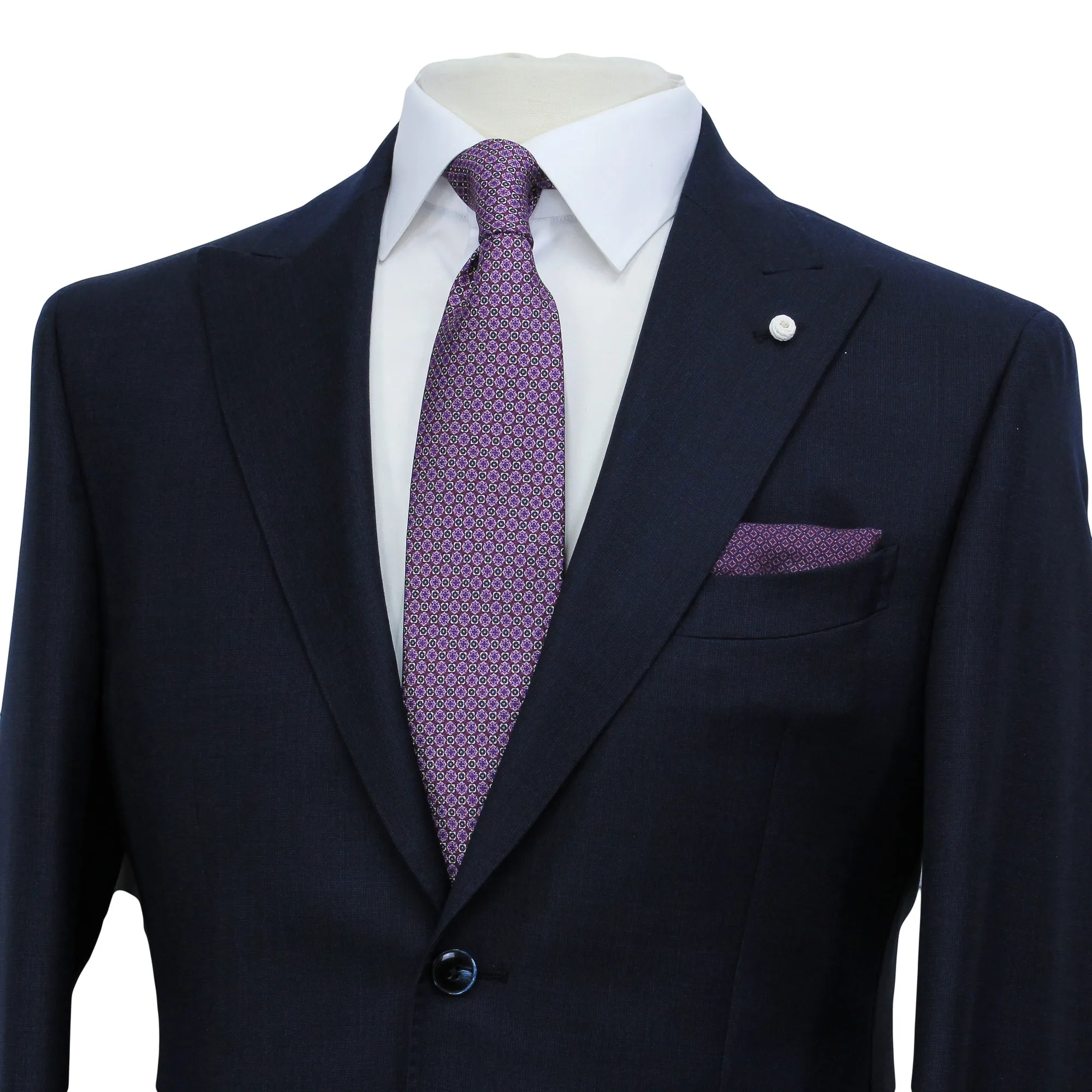 Navy Blue Nailhead Wool Mantua Slim Fit Suit Peak Lapel - Luigi Bianchi