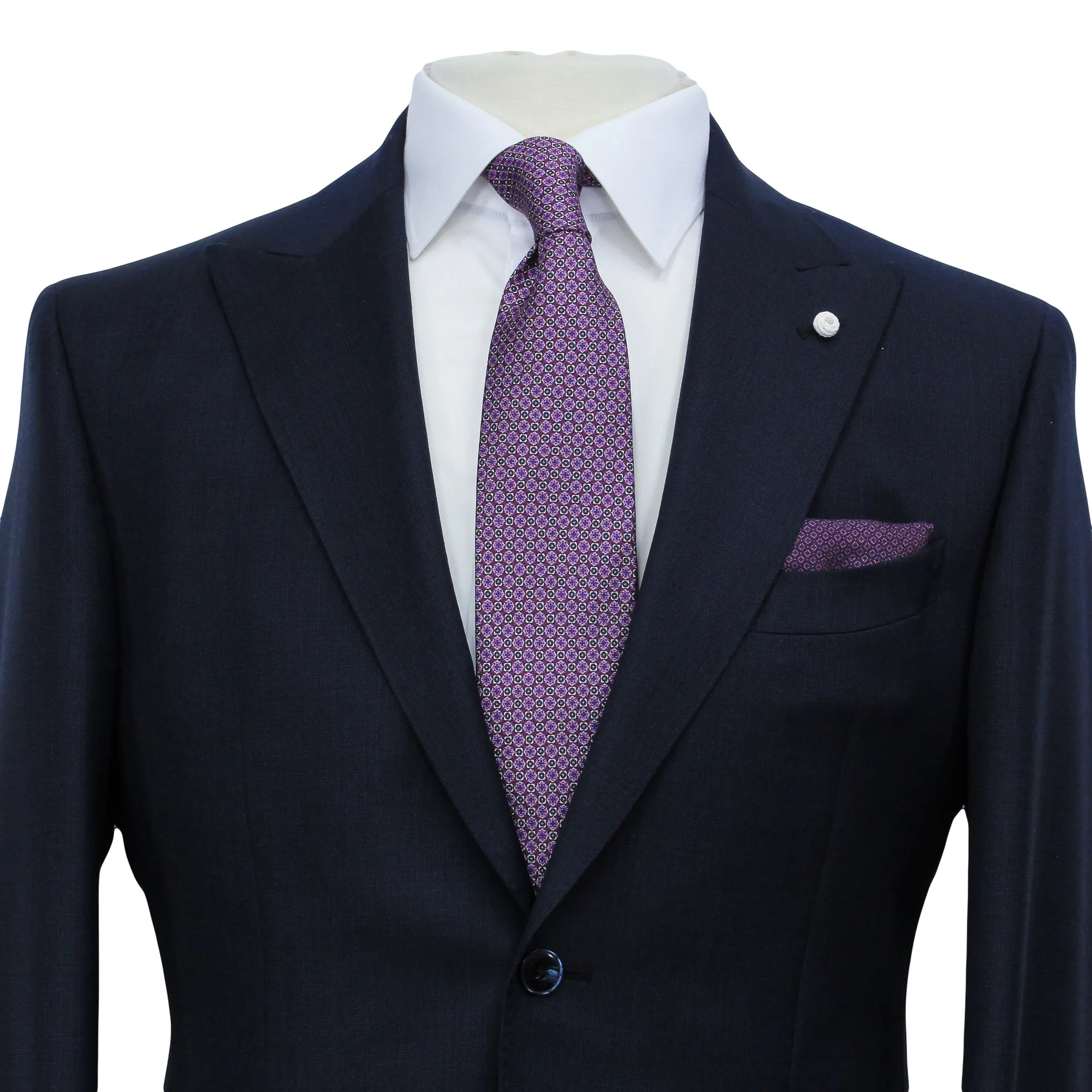 Navy Blue Nailhead Wool Mantua Slim Fit Suit Peak Lapel - Luigi Bianchi