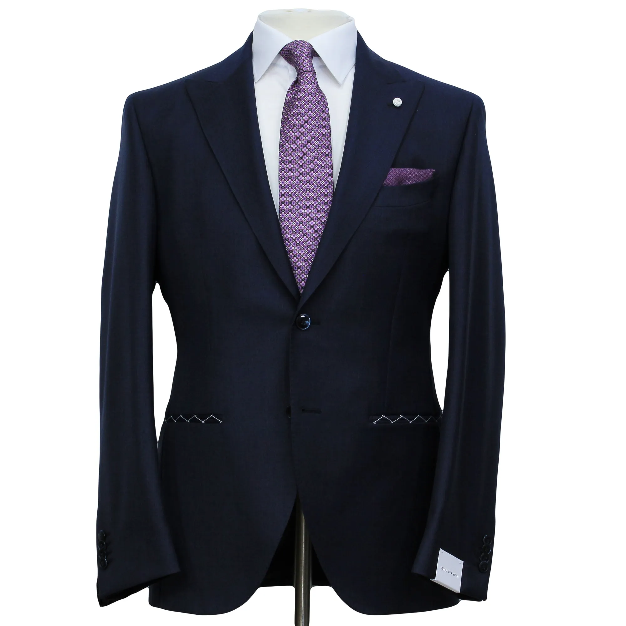 Navy Blue Nailhead Wool Mantua Slim Fit Suit Peak Lapel - Luigi Bianchi