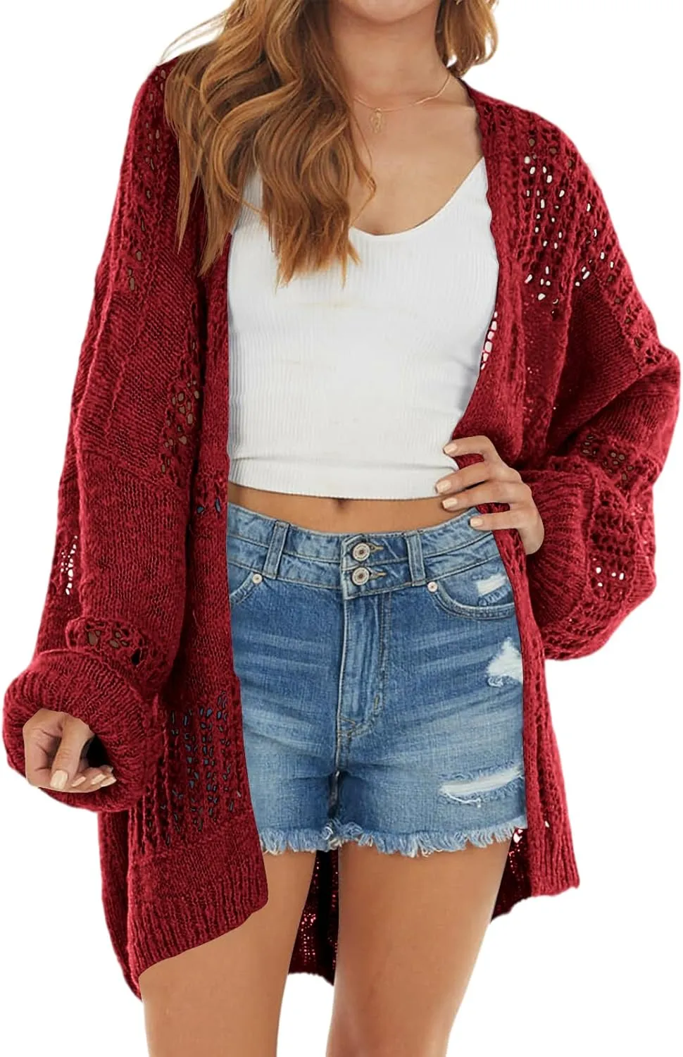 Newffr Womens Lightweight Crochet Oversized Cardigan Sweaters Kimono Boho Long Sleeve Open Front Knitted Cover Ups