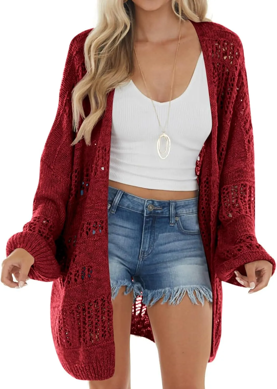 Newffr Womens Lightweight Crochet Oversized Cardigan Sweaters Kimono Boho Long Sleeve Open Front Knitted Cover Ups
