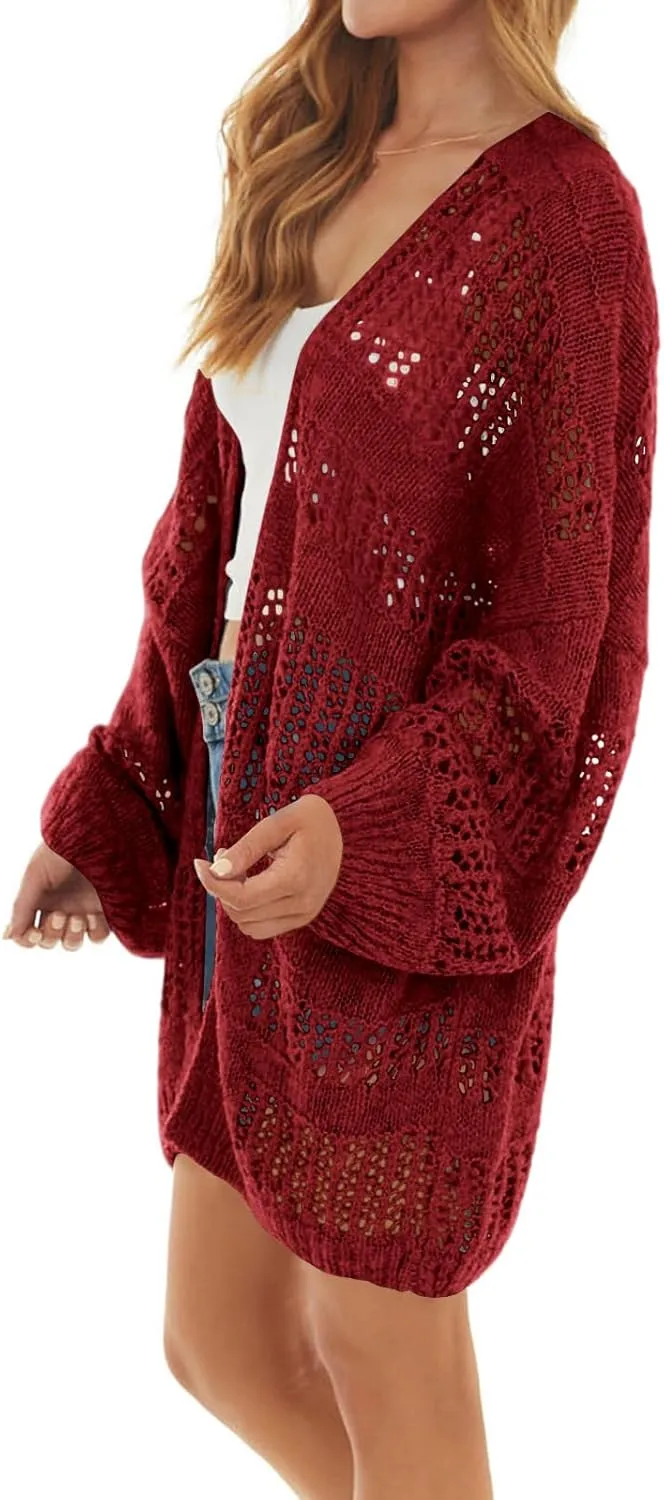 Newffr Womens Lightweight Crochet Oversized Cardigan Sweaters Kimono Boho Long Sleeve Open Front Knitted Cover Ups