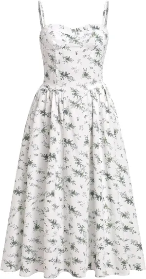 OBEEII Women Corset Dress Floral Bustier Midi Dress Flowy Spaghetti Straps Low Cut Summer Sun Dress