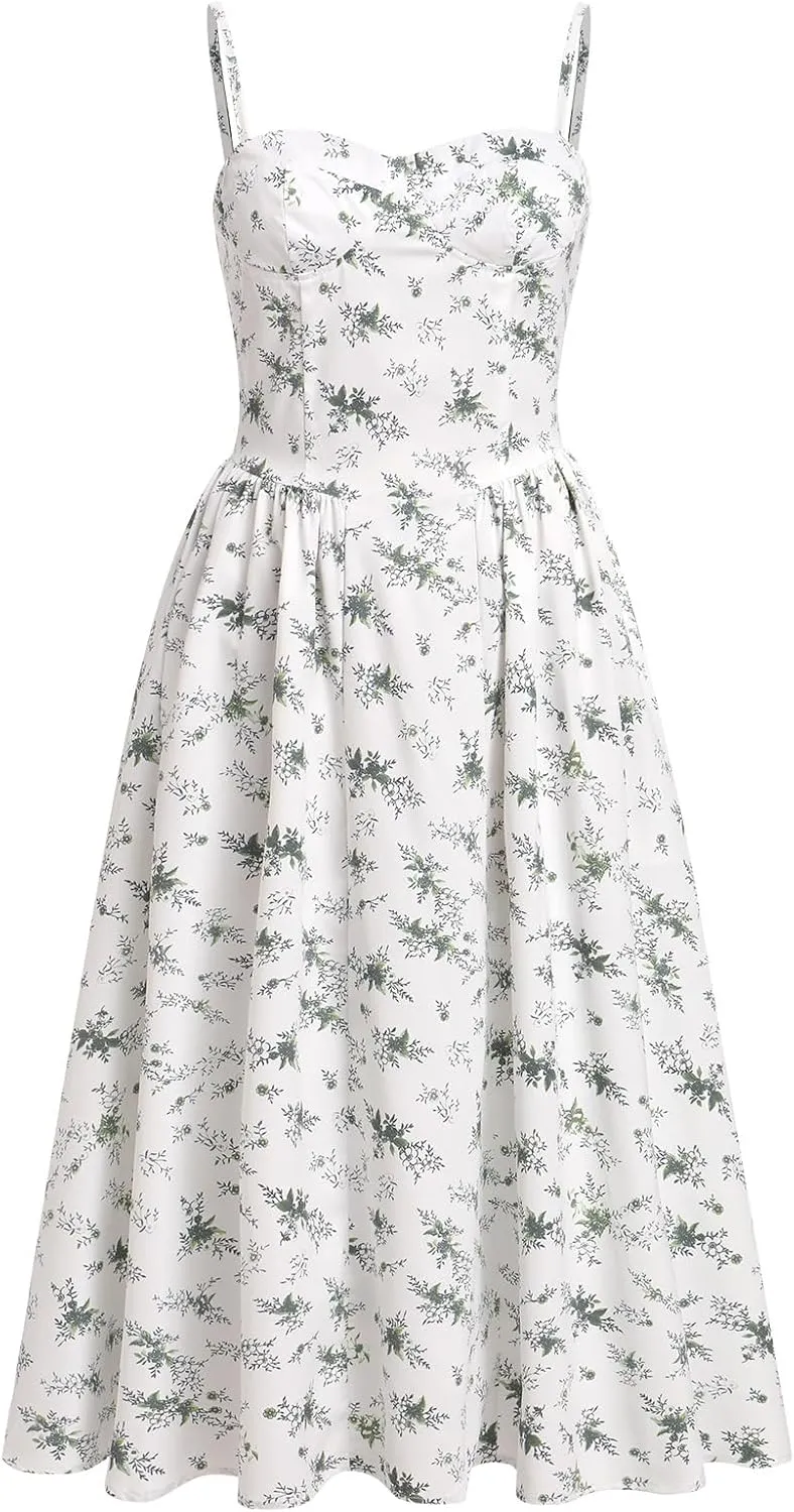 OBEEII Women Corset Dress Floral Bustier Midi Dress Flowy Spaghetti Straps Low Cut Summer Sun Dress