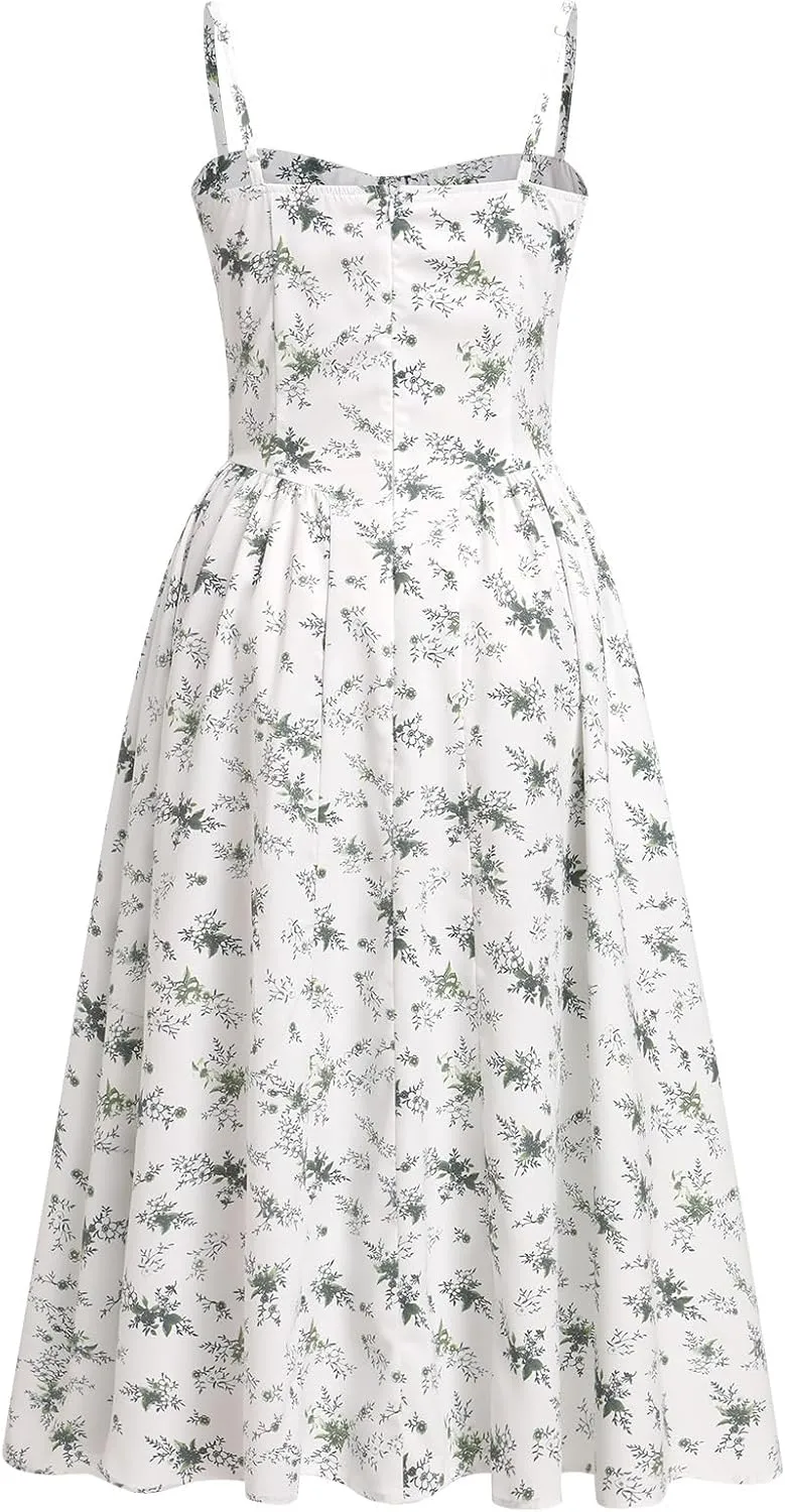 OBEEII Women Corset Dress Floral Bustier Midi Dress Flowy Spaghetti Straps Low Cut Summer Sun Dress
